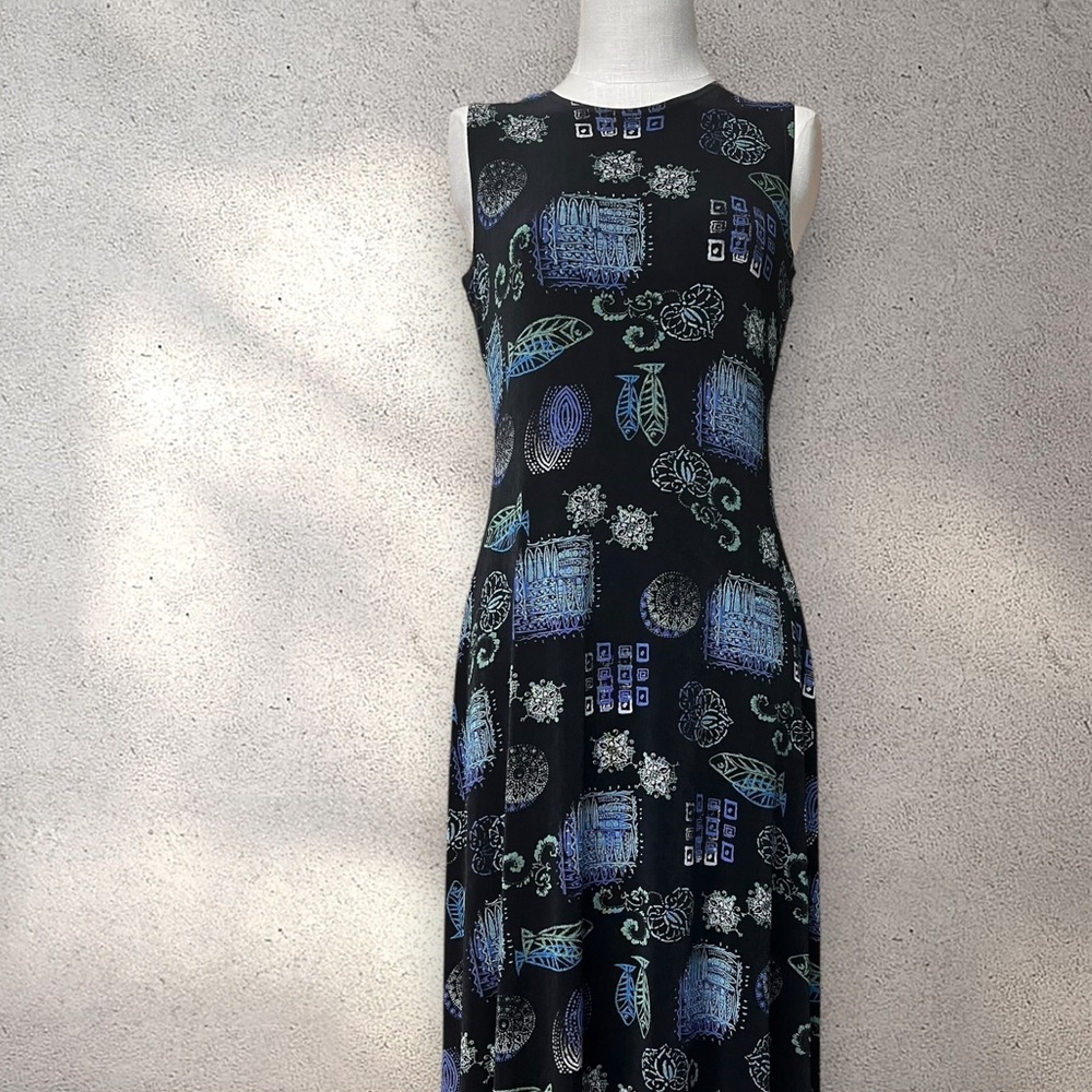Vintage 90s Black Printed Tank Midi Dress Slinky Lightweight Resortwear - Picture 2 of 5